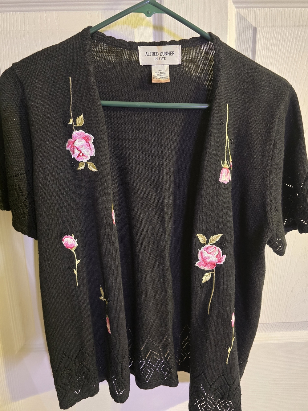 Alfred Dunner Black Short-Sleeve Cardigan with Pink Rose Embroidery